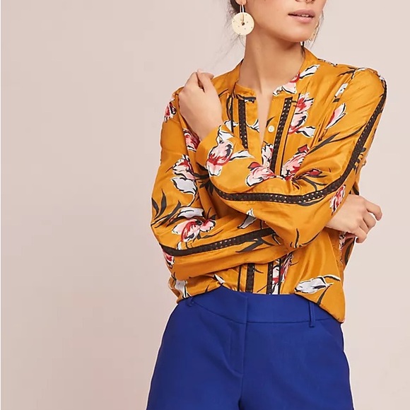 Anthropologie gold mustard floral long sleeve silk shirt M - Picture 4 of 10